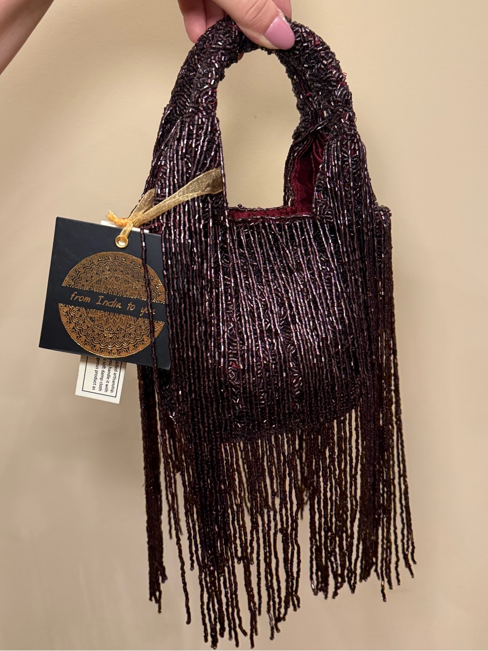 NWT Made in India Maroon Red Fringe Top Handle Beaded Mini Evening Bag